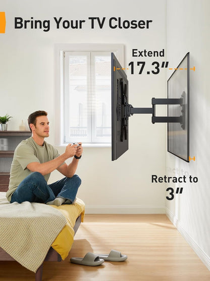 Full Motion TV Mount for 26–65 Inch Tvs up to 82 Lbs | Swivel Articulating Corner TV Wall Mount with Tool-Free, Single Stud Wall Mount TV Bracket, Max VESA 400X400Mm PGMF38