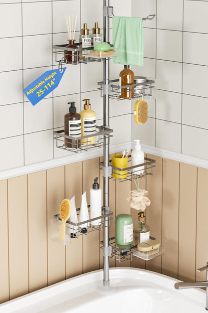 Shower Caddy Organizer Tension Pole, Rustproof 4 Tier Corner Shower Rack with 25–114 Inch Adjustable Height for Bathroom Storage, Extra Towel Rack, Soap Dish and Toothbrush Holder, Silver1