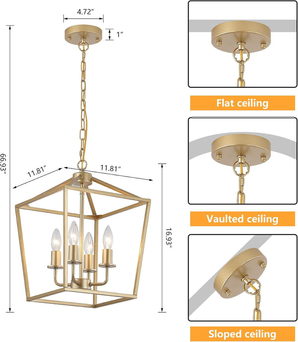 Industrial 4 Lights Chandelier, Gold Lantern Ceiling Light Fixtures with Rustic Metal Cage Adjustable Height Farmhouse Geometric Hanging Light for Kitchen Island, Dining Room, Entryway, UL Listed4