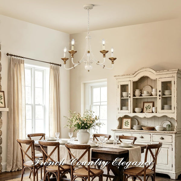 27.1" French Country Chandeliers for Dining Room, 5-Light Farmhouse Candle Chandelier, Rustic Vintage White&Antique Gold Metal Pendant Light Fixture for Kitchen Island Bedroom Living Room Foyer2