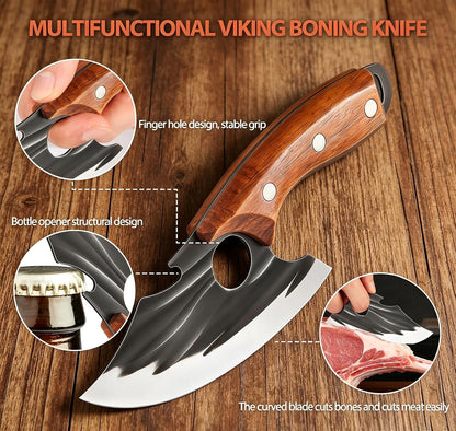 2Pcs Premium Hand Forged Kitchen Knife Set, Sharp Carbon Steel Chef Knife & Meat Cleaver, Ergonomic Non-Slip Wood Handle with Leather Sheath, for Home Cooking, Meat Veggie Cutting, BBQ Camping (C)2