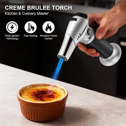 Kitchen Butane Torch with Safety Lock for Baking, Crafts & Steak | 2500°F Adjustable Continuous Flame, One-Button Piezo Ignition, Ergonomic Comfort Grip, 3 Refill Adapters(Butane Not Included)4