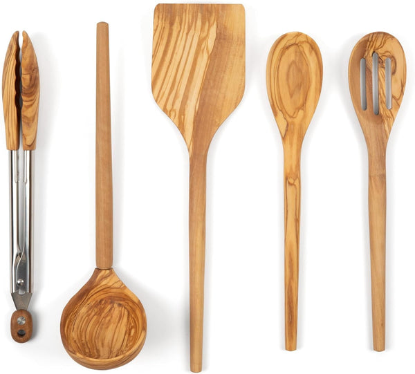 5-Piece Olive Wood Kitchen Utensil Set with Turner, Tongs, Slotted Spoon, Ladle and 12" Spoon, Farmhouse Style Kitchen & Cookware, Ideal for Entertaining, Wedding and Housewarming Gift1