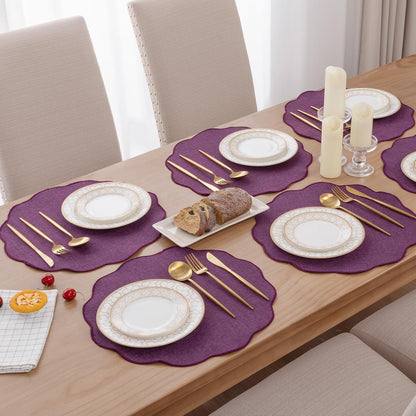 Scalloped round Placemats Set of 6 Polyester Linen Blend 15 Inch Washable Non Slip Place Mats Easy Clean Heat Resistant Table Mats for Kitchen Dining Table Decor, Purple8