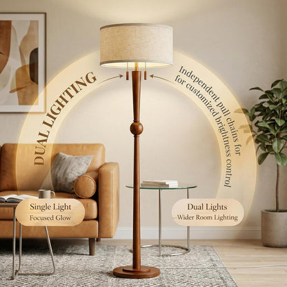 Solid Wood Floor Lamp for Living Room with Wooden Pull Chains | 62.8" Tall,Sculptural Wood Base & Stem,17" Linen Drum Shade,2-Light Standing Lamp for Bedroom & Reading Corner,Bulbs Included5