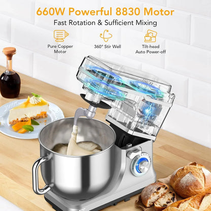 7 Quart Stand Mixer, Stable Design, 660W Tilt-Head Stand Mixer with 10-Speed Stepless Control for Bread, Pizza, Cake and Cookie Dough, Large Stainless Steel Bowl, Silver3