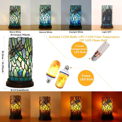 Tiffany Style Table Lamp for Bedroom Baroque Stained Glass Nightstand Bedside Night Lamp Party Light Hand-Made Art Home Deco Christmas Gifts W/ 2 LED Bulbs (3 Color Temperatures+Flame Bulb)5