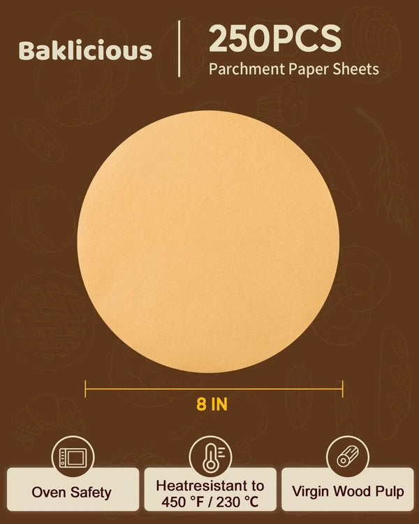 8Inch 250Pcs Unbleached Non-Stick Parchment Paper Rounds | Baking Parchment Circles for Cake Baking, Patty Separating, Tortilla Wrapping2