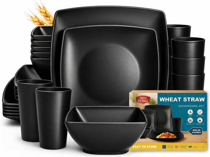 24-Piece Plates and Bowls Sets for 6, Black Square Dinnerware Sets1