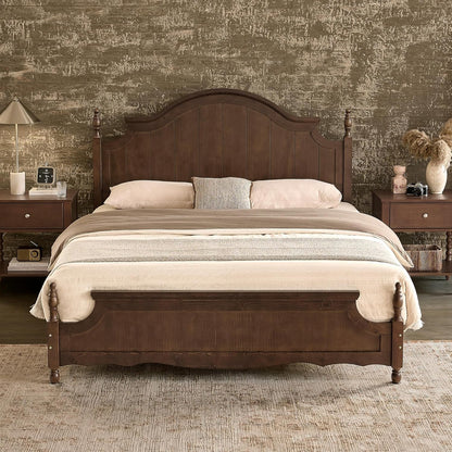 Queen Size Solid Wood Poster Bed, 55" Arched Headboard, Dark Walnut1