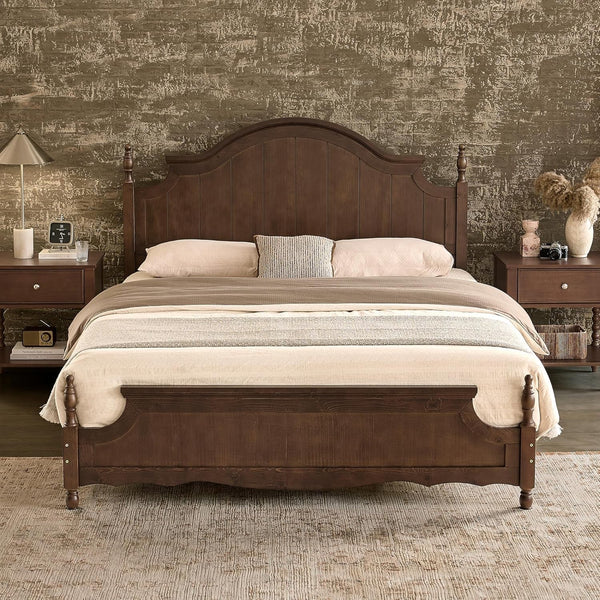 Queen Size Solid Wood Poster Bed, 55" Arched Headboard, Dark Walnut1