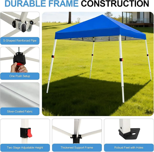 10X10 Slant Legs Pop up Canopy Tent, 1-Button Push Setup Canopy Tent, Adjustable Height Instant Portable Shelter, Protable Backpack, Easy Outdoor Sun Shade for Events, 8X8 Top, Blue2