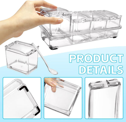 4-Cell Clear Seasoning Rack Spice Box, Storage Container Condiment Jars Acrylic Seasoning Box with Cover and Spoon (Enhanced Version Clear)3