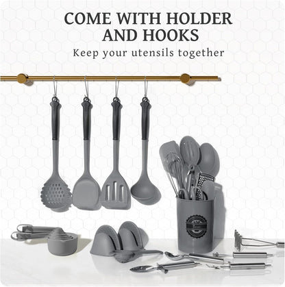 43 PCS Silicone Kitchen Utensils Set, Dishwasher Safe Kitchen Cooking Utensils Set, 446°F Spatulas Silicone Heat Resistant, Non Toxic Silicone Utensils Set with Two-Tone Grip Handles, Gray7