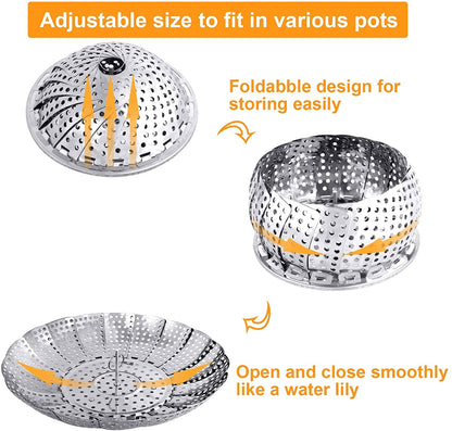 Veggie Vegetable Steamer Basket, Folding Steaming Basket, Metal Collapsible Stainless Steel Steamer Basket Insert, for Cooking Food, Expandable Fit Various Size Pot(5.3" to 8.6")4