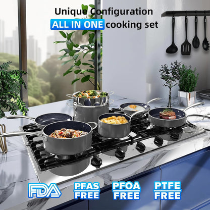 Deluxe  14PC Healthy Pots and Pan with 9H Anti-Scratch Coating, 2-Layer Non-Stick Ceramic&Pfas Free, Sensitively&Evenly Induction Cooking, Enhanced Flavor with Infrared Cookware, Dishwasher Safe3