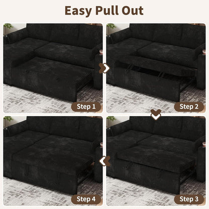 3 in 1 Pull Out Couch, Corduroy L Shaped Couch Sleeper Sofa Bed, Black5