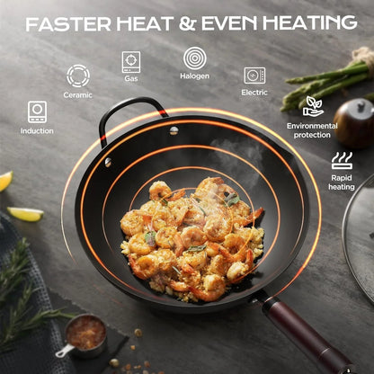 Wok, 13.5 Inch Carbon Steel Wok Pan with Steamer & Stir-Fry Pans Nonstick, 5QT Flat Bottom Chinese Woks5