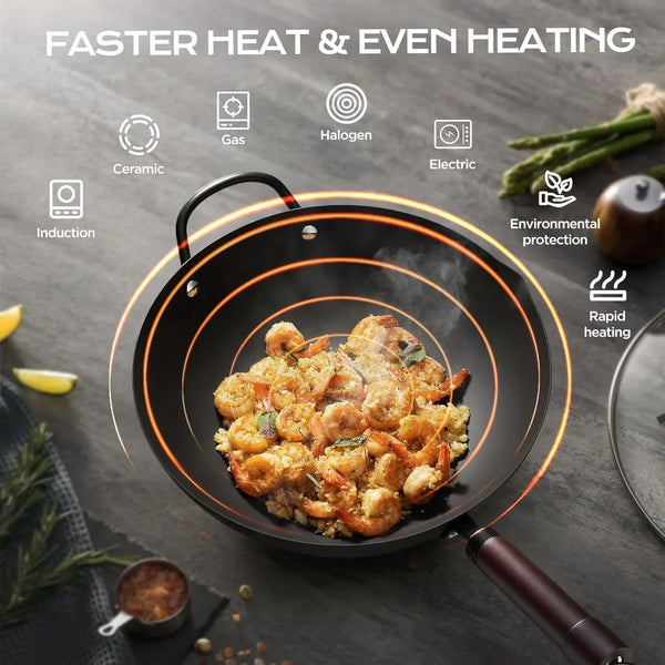 Wok, 13.5 Inch Carbon Steel Wok Pan with Steamer & Stir-Fry Pans Nonstick, 5QT Flat Bottom Chinese Woks5