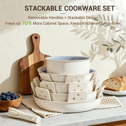 18-Piece Ceramic Pots and Pans Set Non Stick, Non Toxic Cookware Set with Removable Handles, Pot Sets for Cooking, Induction Ready, Dishwasher & Oven Safe, PFAS PFOA & PTFE Free (Cream White)6