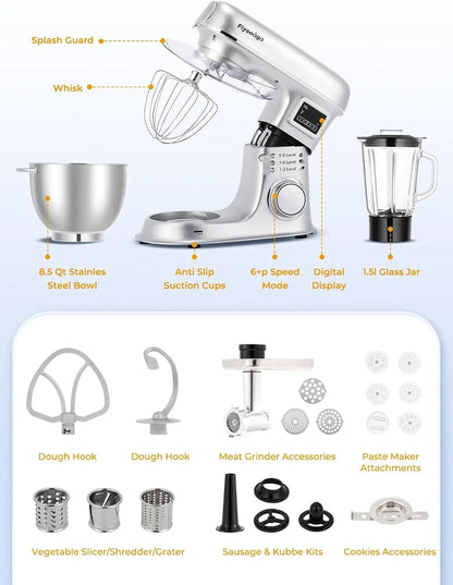 Stand Mixer 8-IN-1 8.5Qt 2000W 6 Speed Multifunction Fermentation | Electric Kitchen Mixer Tilt-Head with Stainless Steel Bowl, 1.5L Glass Jar Meat Grinder Dough Hook Whisk Pasta Attachment7