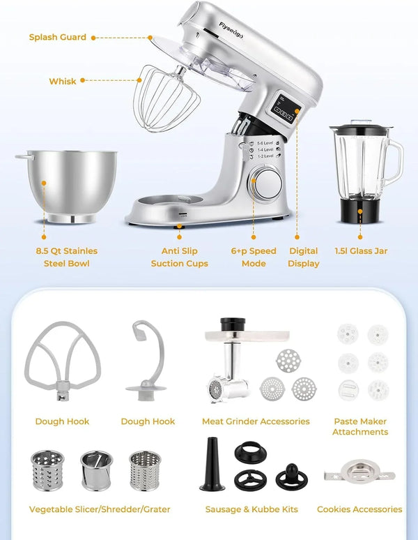 Stand Mixer 8-IN-1 8.5Qt 2000W 6 Speed Multifunction Fermentation | Electric Kitchen Mixer Tilt-Head with Stainless Steel Bowl, 1.5L Glass Jar Meat Grinder Dough Hook Whisk Pasta Attachment7