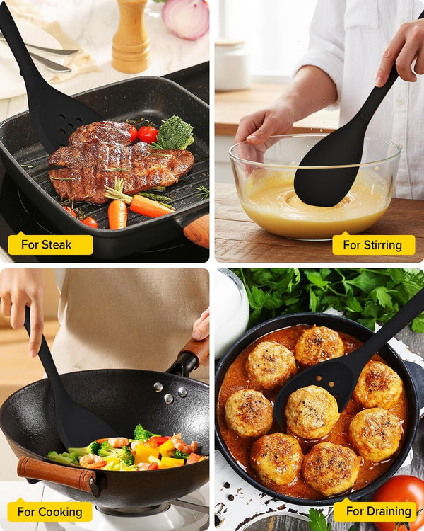Silicone Cooking Utensils Set, 9 Pcs Heat Resistant Kitchen Utensils with Back Hooks, BPA Free Kitchen Tools with Spatulas, Spoons, Skimmer and Pasta Fork for Non Stick Cookware (BLACK)5