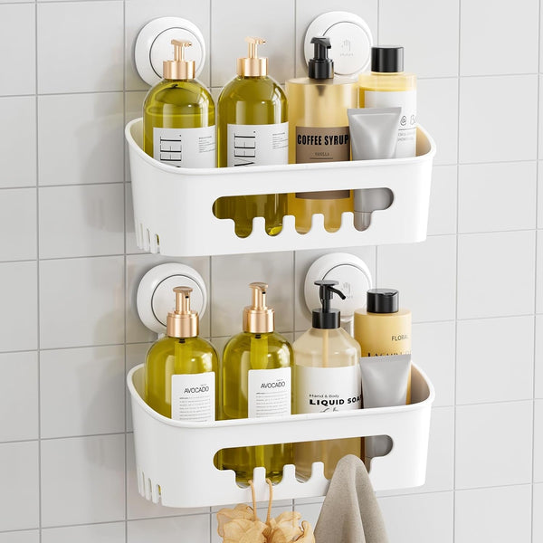 Shower Caddy Suction Cup 2 Pack, Heavy Duty Bathroom Organizer, Removable Shelves for inside Shower, Shampoo, Waterproof Suction Plastic Storage for Bathroom Accessories Holder, White1