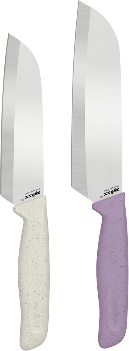 Classic 2 Piece Santoku Knife Set, Stainless Steel 15° Hollow-Ground Blades, Ergonomic Wheat Straw Handles, Finger Guard & Blade Covers, Dishwasher Safe1