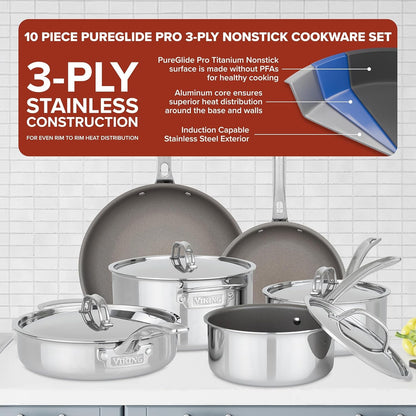Viking Pureglide Pro 3-Ply Nonstick Cookware Set, Made without PFAS, 10-Piece Induction Pots and Pans Set, Metal Utensil Safe Titanium Nonstick Surface, Oven Safe to 600F2
