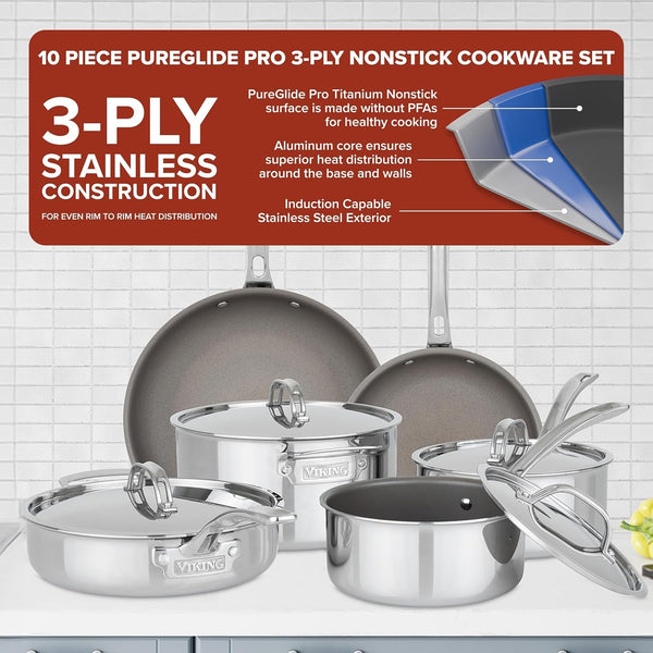 Viking Pureglide Pro 3-Ply Nonstick Cookware Set, Made without PFAS, 10-Piece Induction Pots and Pans Set, Metal Utensil Safe Titanium Nonstick Surface, Oven Safe to 600F2