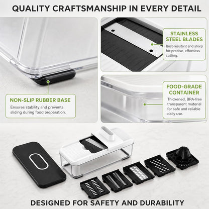 7-In-1 Mandoline Vegetable Slicer, Multi-Purpose Food Chopper & Grater with 5 Interchangeable Blades, Adjustable Julienne Cutter with Container & Safety Guard, Kitchen Gadget for Meal Prep7