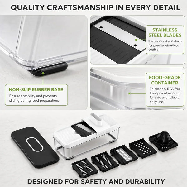 7-In-1 Mandoline Vegetable Slicer, Multi-Purpose Food Chopper & Grater with 5 Interchangeable Blades, Adjustable Julienne Cutter with Container & Safety Guard, Kitchen Gadget for Meal Prep7