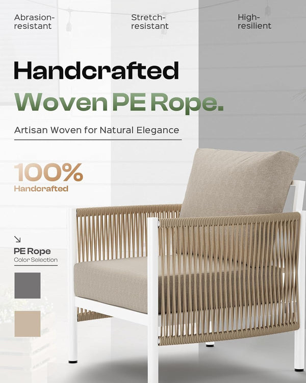 Aluminum Outdoor Patio Furniture Set with Dual-Layer Coffee Table, 4 Piece Modern Patio Conversation Sets with PE Rope, Outdoor Sectional Sofa with Thick Cushions for Balcony, Porch, Ivory3