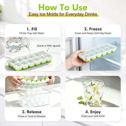 Ice Cube Tray with Lid and Bin - 4 Pack Molds Space-Saving Ice Bucket Kit | Stackable Silicone Trays for Freezer, for Whiskey, Cocktails, Coffee, Juice, Soda, Kitchen & RV7