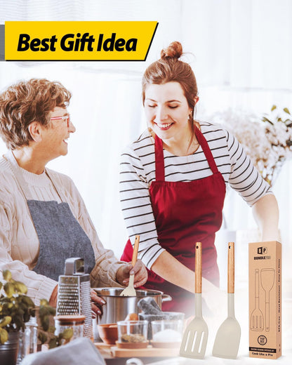 Pack of 2 Silicone Cooking Spatula, Heat Resistant Solid Turner, Non Stick Slotted Spatulas with Wooden Short Handle,Ideal Wood Kitchen Utensils Set for Frying, Baking, Flipping, Turning7