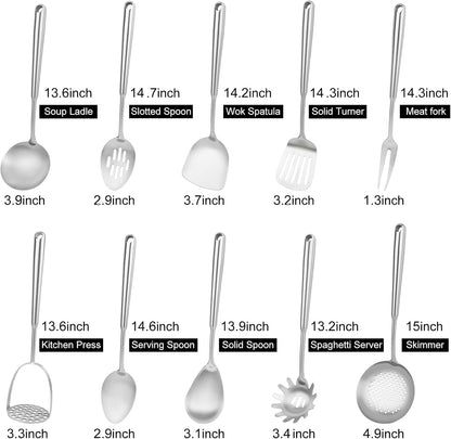 304 Stainless Steel Cooking Utensils Set, 10Pcs Long Metal Kitchen Utensils Set Come with Spoon, Potato Press, Spatula, Ladle, Skimmer, Turner, Pasta Server2