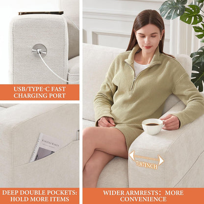 Modern Sofa 2-Seater Couches for Living Room, Chenille Sofas with Extra Large Seat Width & Depth, Usb/Type-C Charging Port & Side Pocket, Removable Medium Firm Sofa Cushion(89Inch, Beige)4