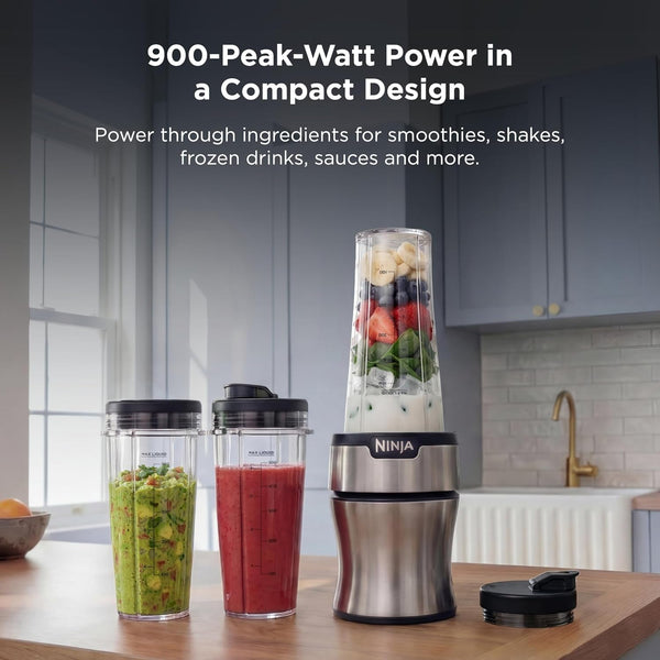 Ninja Nutri-Plus Personal Blender, 900PW, (3) 20Oz Cups, Silver, BN301 | 900-Peak-Watt Push-To-Blend Motor for Smoothies & Sauces. (3) 20-Oz Cups, 2 Spout Lids & Storage Lid. Dishwasher Safe.2