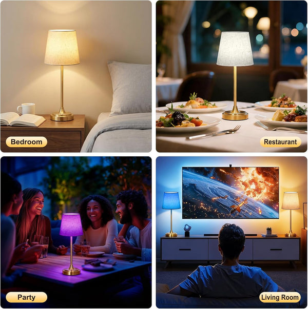 Cordless Table Lamp Rechargeable,5000Mah Battery Operated Desk Lamp,3 Colors & 7 RGB Stepless Dimmable,Touch Control Ambient Light for Bedside,Bedroom,Dining Room,Living Room,Gold,Flaxenshade9