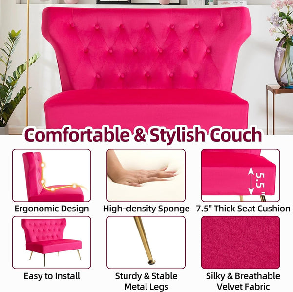 Small Velvet Sofa, Soft Upholstered 40’’ Armless Loveseat Couch with High Density Foam, Modern Tufted Cushion with Gold Legs for Bedroom, Dorm, Apartment, Girls, Teens, Easy Assembly,Fuchsia3