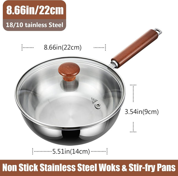 5-Ply Stainless Steel Wok Pan with Lid, Wide & Deep Cookware Stir-Fry Pans, Non-Stick Wok, Scratch-Resistant Pans for Cooking,Compatible with All Cooktops,Wok,8.66In2