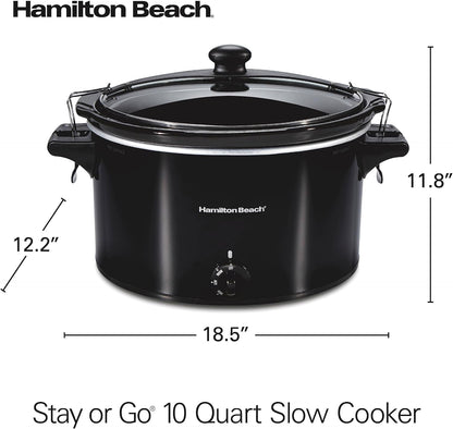 Stay or Go Extra Large 10 Quart Portable Slow Cooker | 3 Heat Settings | Lid Lock for Mess-Free Travel | Dishwasher-Safe Stoneware Crock & Glass Lid | Black | 33195G8