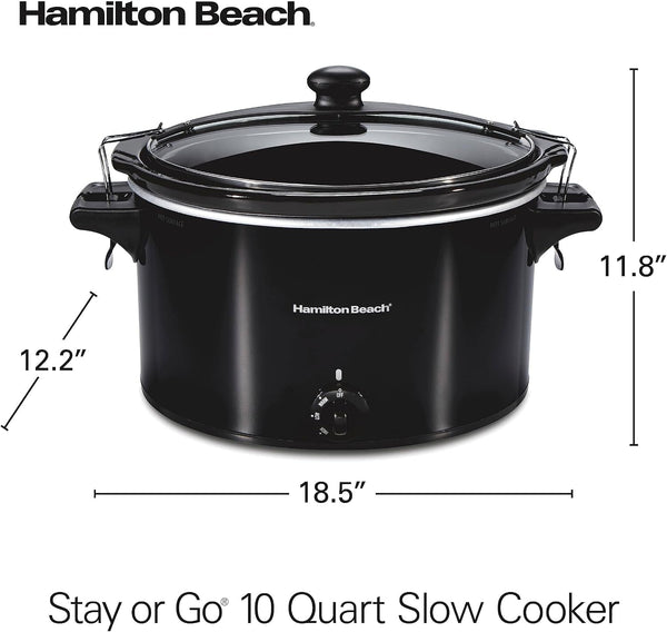 Stay or Go Extra Large 10 Quart Portable Slow Cooker | 3 Heat Settings | Lid Lock for Mess-Free Travel | Dishwasher-Safe Stoneware Crock & Glass Lid | Black | 33195G8
