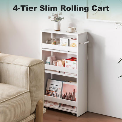 Slim Rolling Storage Cart, Wood Utility Kitchen Bathroom Laundry Cart | 4 Tier Kitchen Cart with Wheels Handle, Laundry Room Organization, Narrow Bathroom Storage Cabinet, 5.5" Wide Storage Trolley6