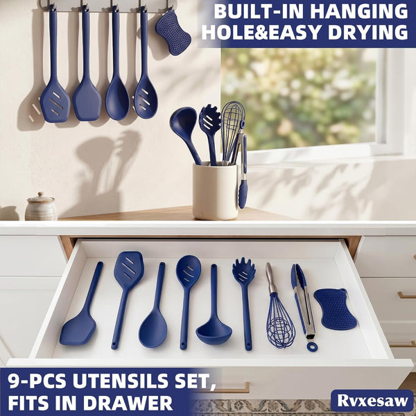 Kitchen Utensils Set,9 PCS Silicone Cooking Utensils Set Spatula Set,Tongs,Spoon,Whisk,Brush,Dishwasher Safe Kitchen Gadgets for Non-Stick Cookware,Home Essential，Kitchen Appliances(Navy Blue)8