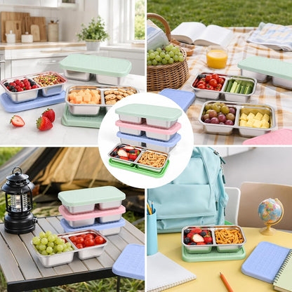 4 Pack Stainless Steel Snack Containers, Leak-Proof 2 Compartment Lunch Boxes with Silicone Lids, Reusable Metal Snack Box for Meal Prep, Travel, Outdoor & Daily Use (2 Compartments – A)7