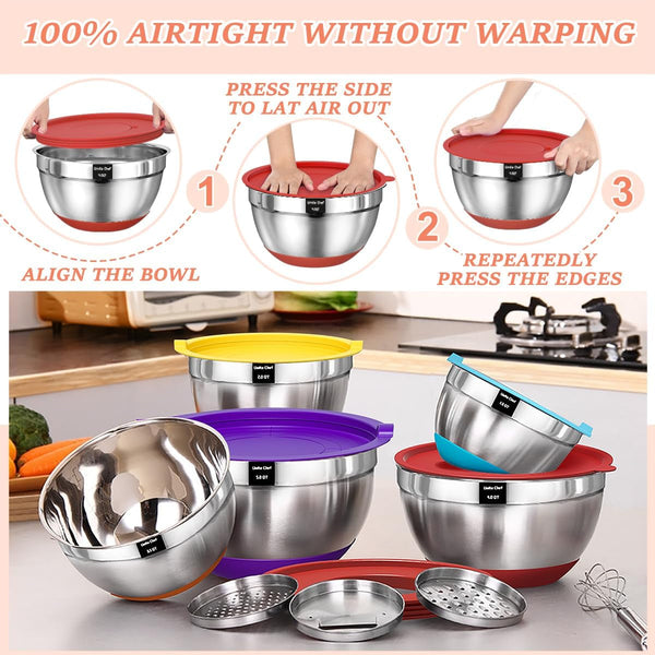 Mixing Bowls with Airtight Lids Set, 8PCS Stainless Steel Nesting Bowls Set, 3 Grater Attachments & Non-Slip Bottoms, Size 5, 4, 3.5, 2, 1.5QT for Baking & Mixing(Colorful)4