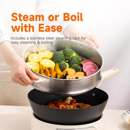 5Qt Electric Skillet, Pure Iron Nonstick Frying Pan with Glass Lid & Steamer Rack, 1600W 3-Level Heat Control, Removable Pot, Family-Sized Cooker for Boil Steam Sauté, 11.81Inch6