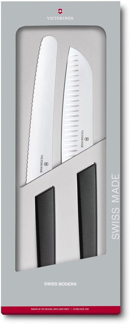 VICTORINOX 2 Piece Santoku and Bread Knife Set, Black, Light & Sharp for Various Foods, Dishwasher Safe, Swiss Madan, Gift Box, 6.9093.22G1